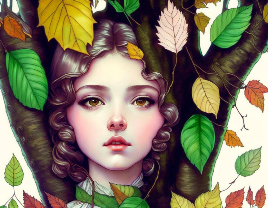 Illustrated portrait of young woman with expressive eyes amid autumn leaves.