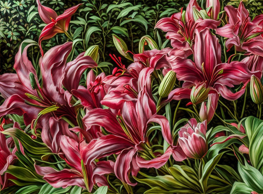 Vibrant Pink Lilies with Reddish Hues in Dense Floral Arrangement