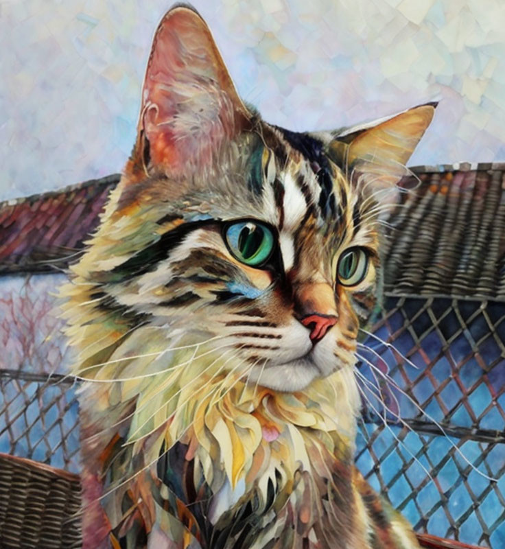 Colorful mosaic cat art with green eyes and detailed fur textures on geometric background