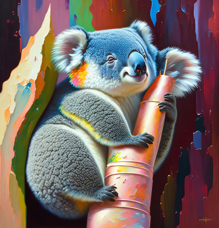 Vivid Koala Tree Hugger Painting with Colorful Abstract Background