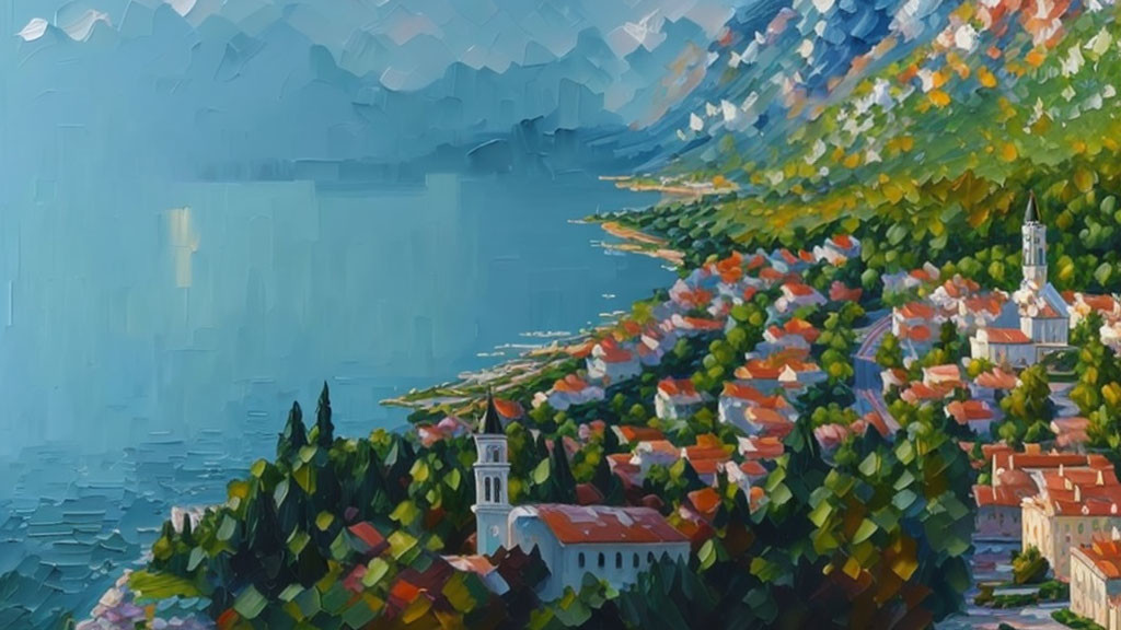 Colorful Coastal Landscape with Church, Trees, and Lake