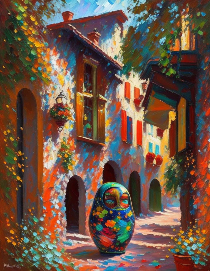 Colorful Alley Painting with Large Decorated Egg & Traditional Buildings