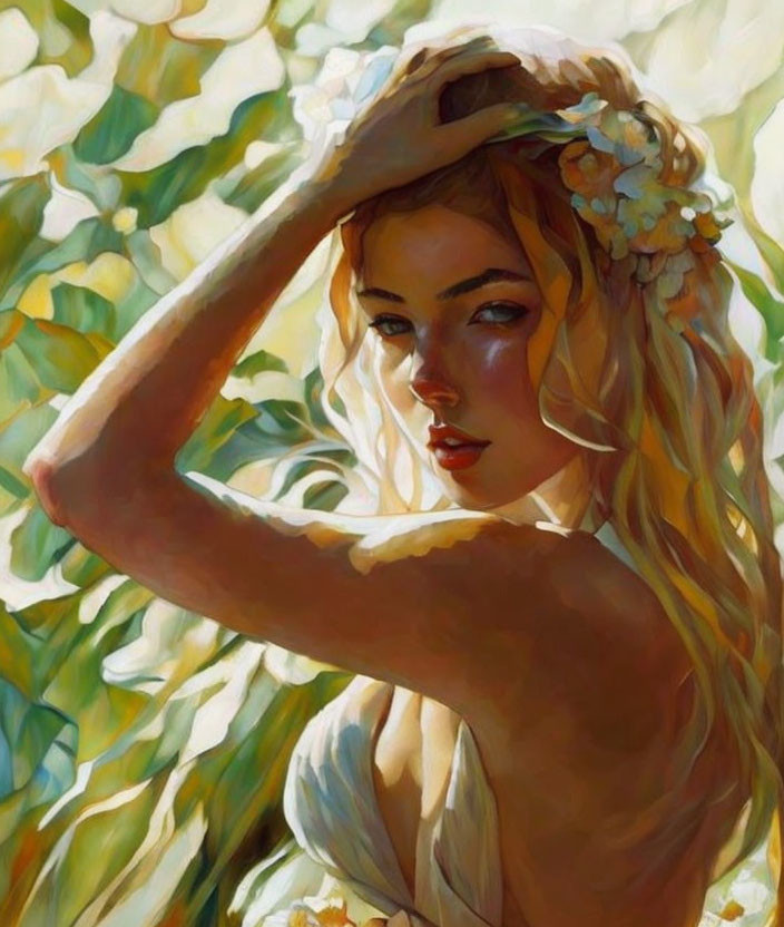 Blonde woman portrait with white flowers in sunlit foliage