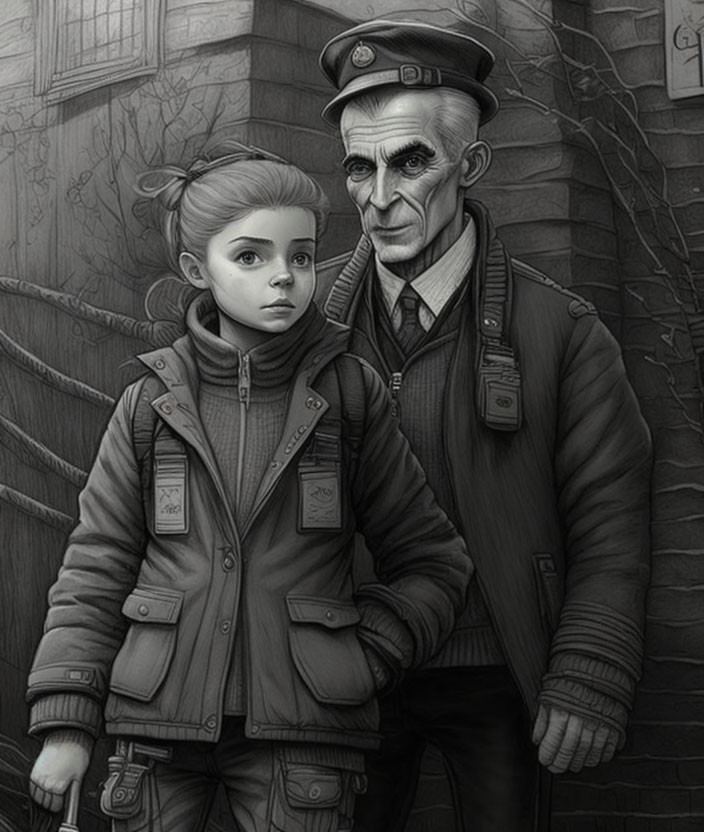 Monochromatic drawing of girl and man in alley with concerned expressions