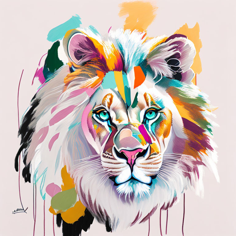 Vibrant Abstract Lion Face Painting with Colorful Brush Strokes