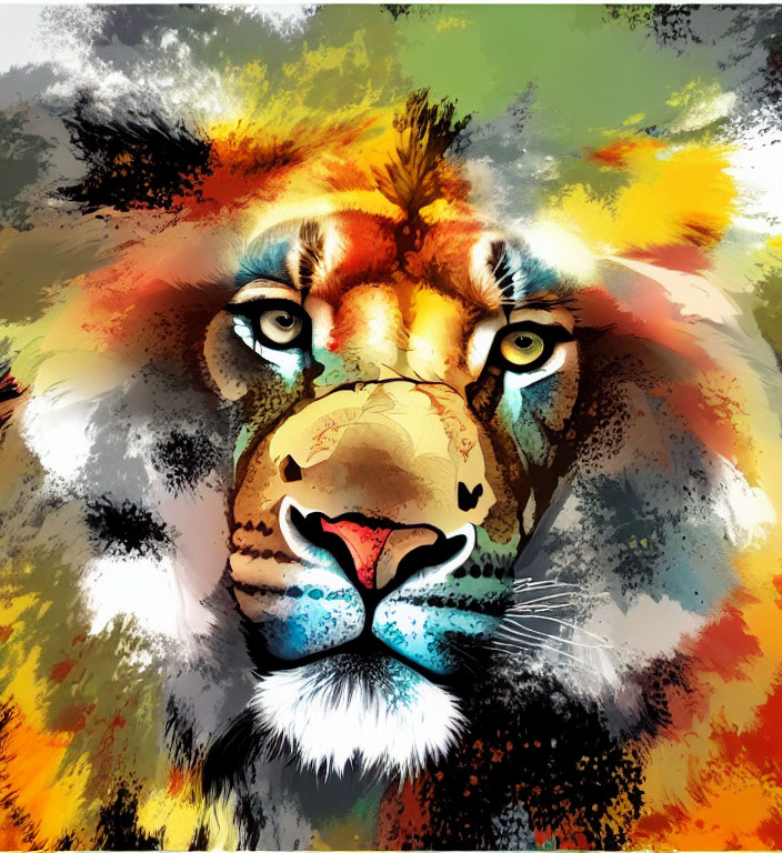 Vibrant lion face painting with abstract brush strokes