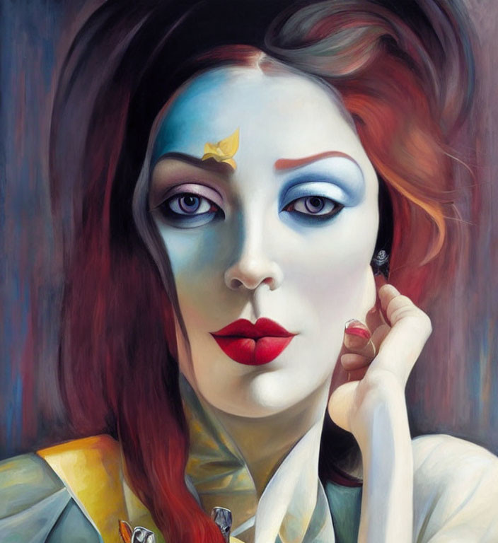 Vibrant portrait of woman with blue eye makeup and bird motif