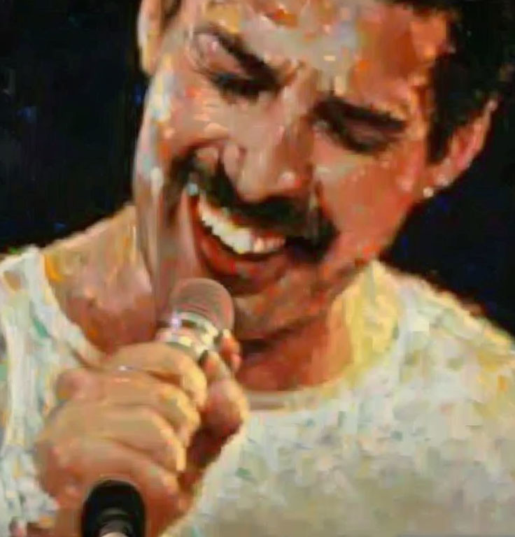 Passionate person with mustache singing into microphone on dark background