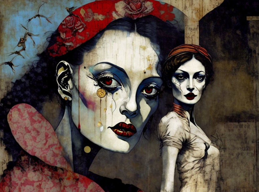 Stylized female figures with dramatic makeup against dark background