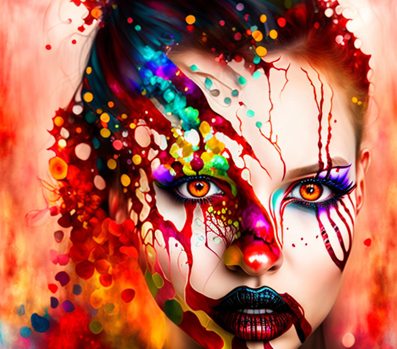 Colorful digital portrait of a woman with theatrical makeup and intense blue eyes