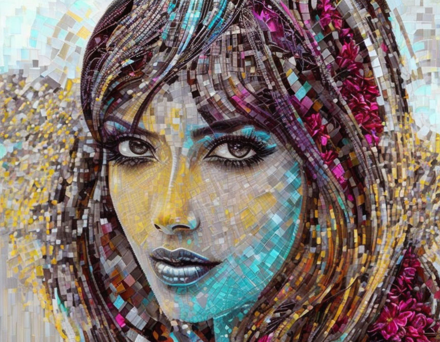 Vibrant mosaic portrait of woman with blue lips and flowers.