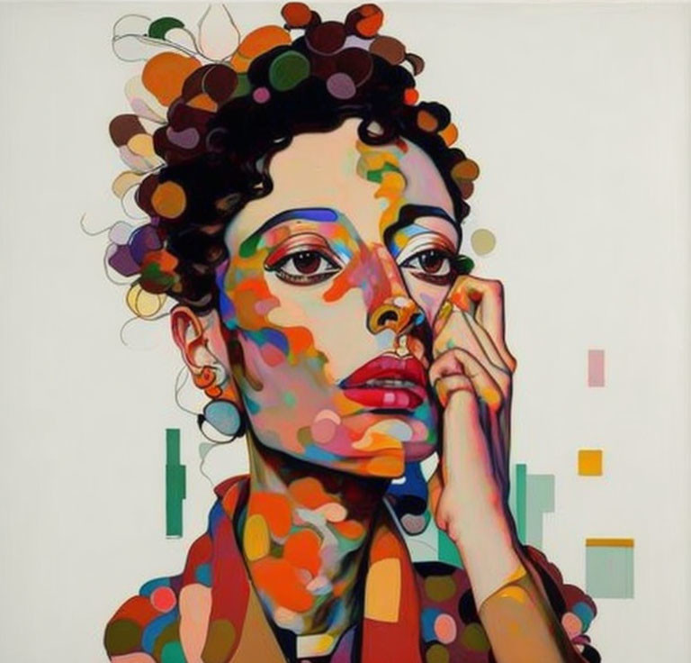 Vibrant portrait of a woman with colorful paint smudges