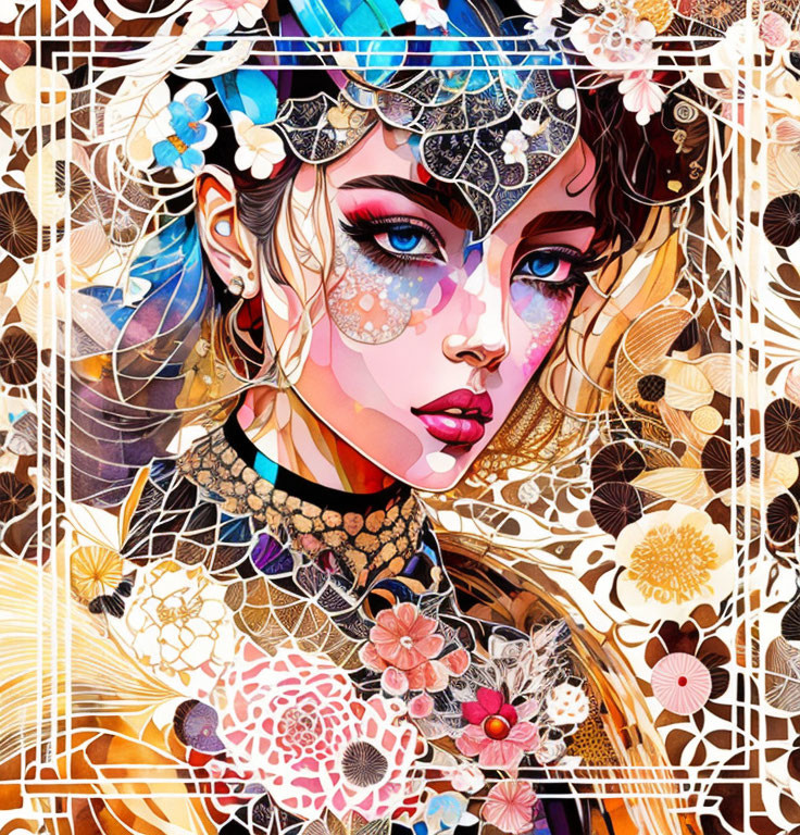 Detailed Art Nouveau-inspired woman portrait with blue eyes and floral patterns.