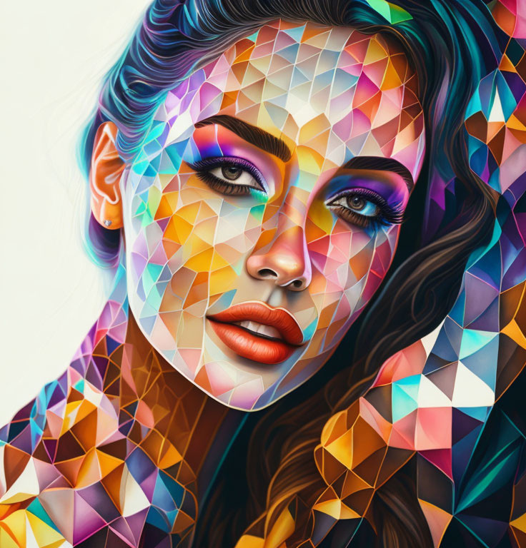 Vibrant digital portrait of a woman with geometric skin texture