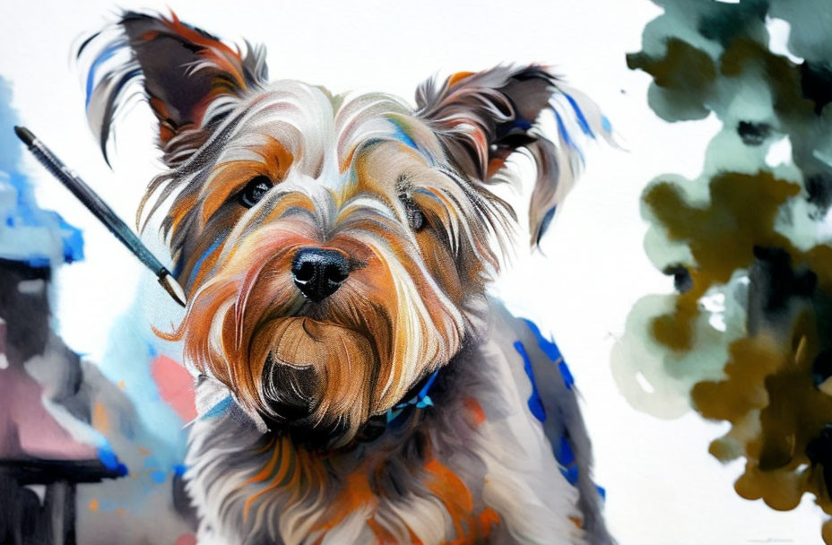 Detailed Yorkshire Terrier painting with expressive eyes on soft abstract backdrop