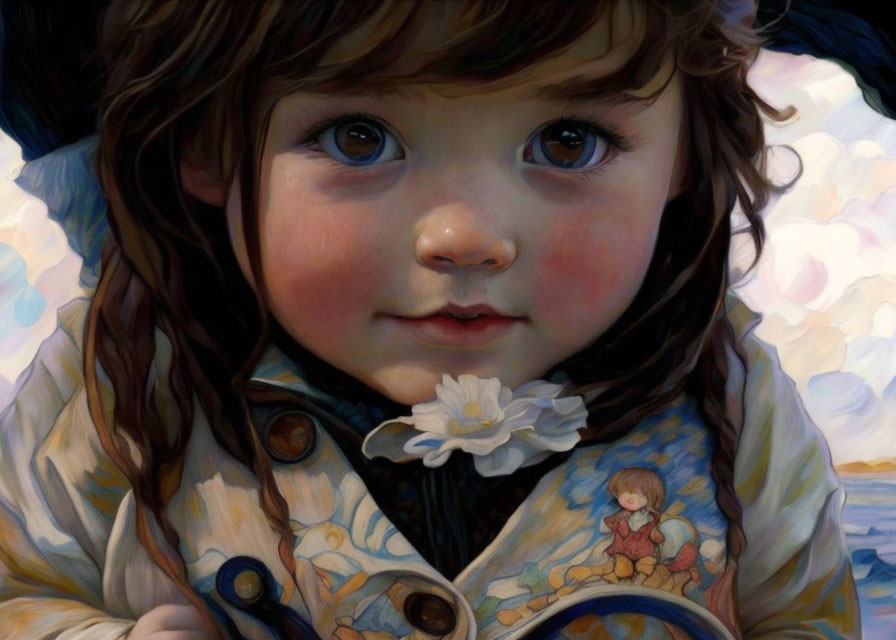 Child with Brown Eyes in Blue Coat and Flower Buttons Illustration