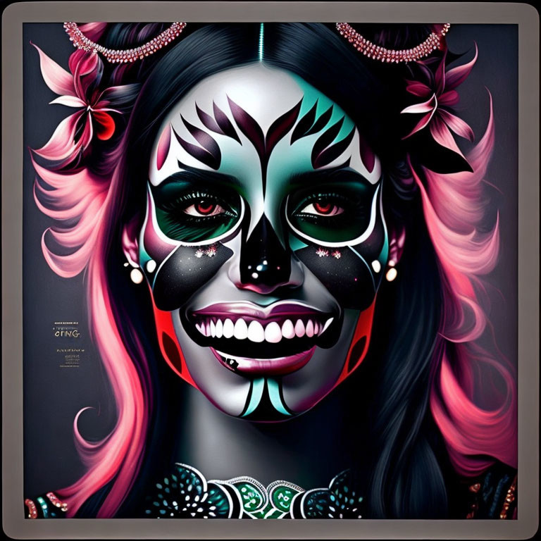 Vibrant Pink Hair Portrait with Day of the Dead Theme