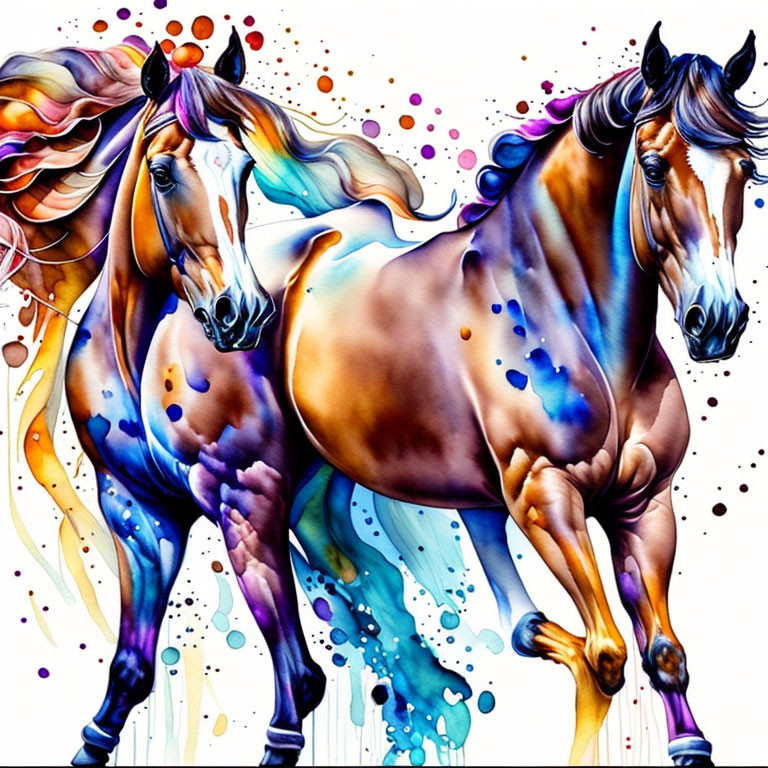 Colorful Watercolor Painting of Dynamic Horses