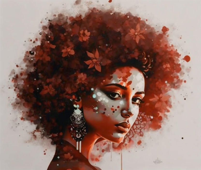 Woman with voluminous flower-adorned afro and face paint emanating serene aura