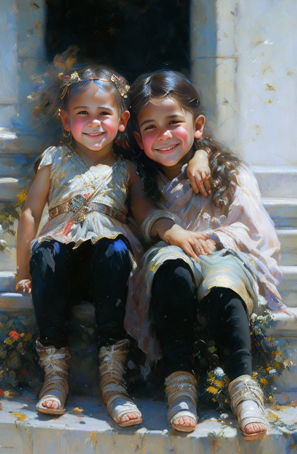 Two girls in fancy dresses smiling on sunlit steps with flowers