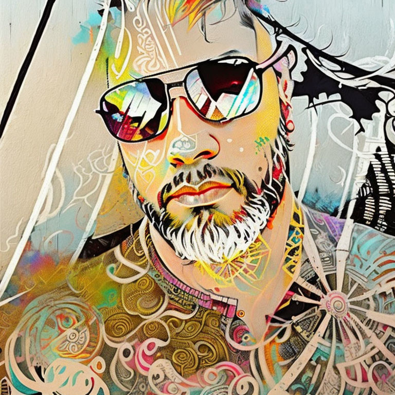 Vibrant portrait of a bearded man with sunglasses and intricate patterns