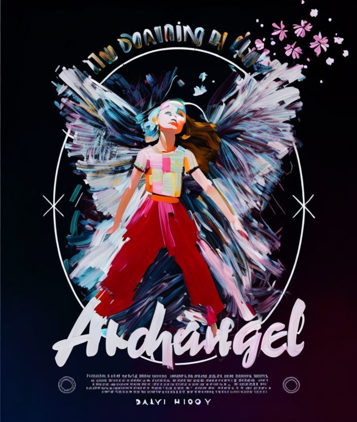 Colorful animated poster: Girl with dynamic wings in "Archangel" against dark backdrop with floral and