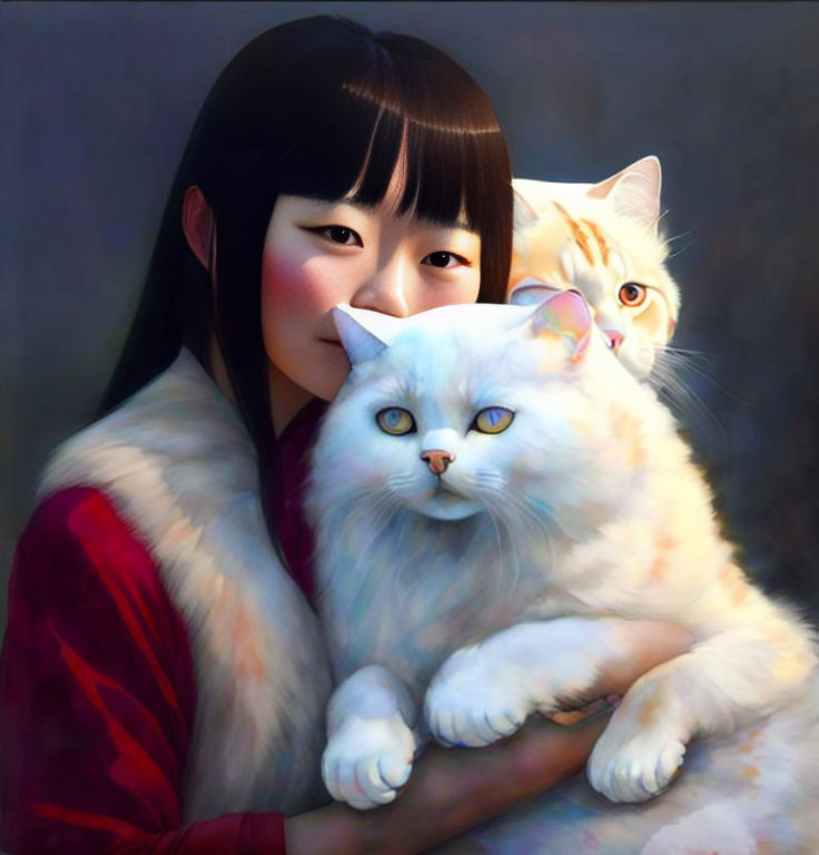 Smiling person with dark hair holding two fluffy white cats