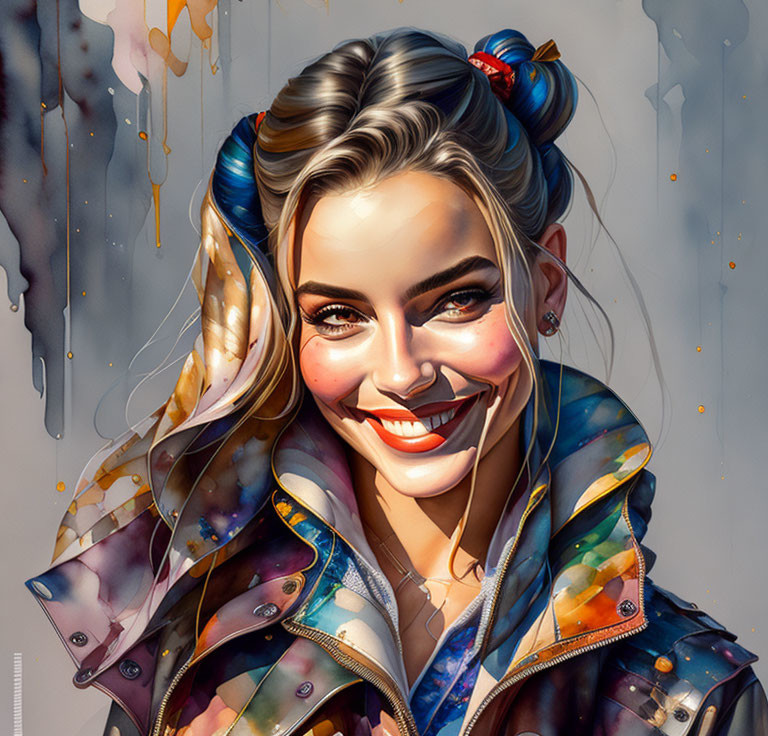 Colorful digital portrait of a smiling woman with paint drips and vibrant jacket