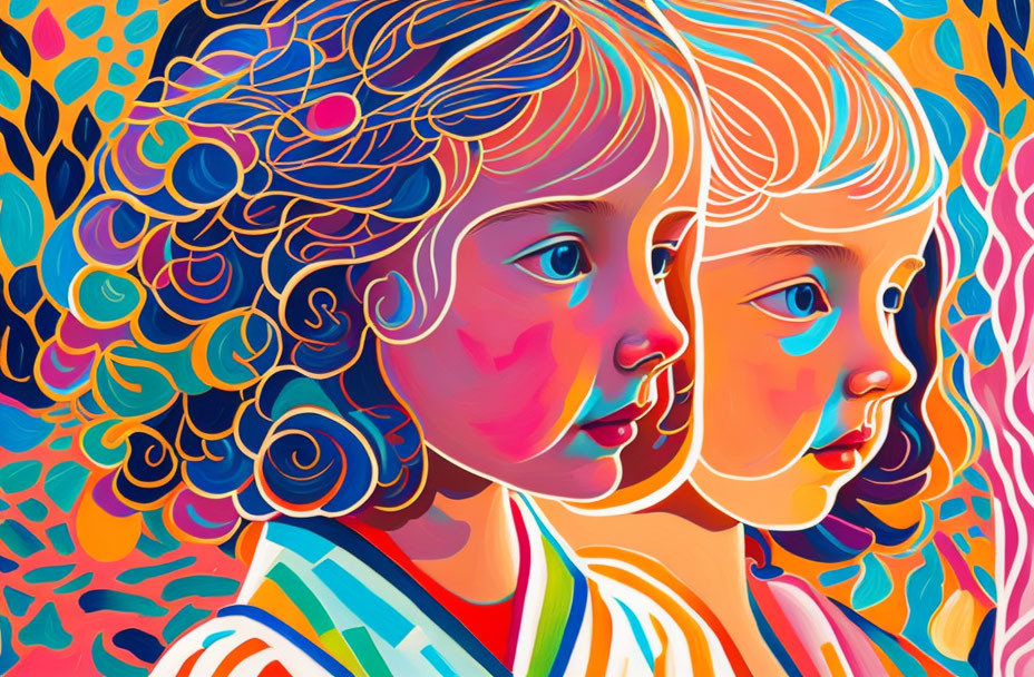 Colorful portrait of two children with abstract backgrounds and bold contrasting colors.