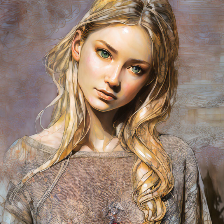 Detailed Digital Painting: Young Woman with Blonde Hair and Green Eyes