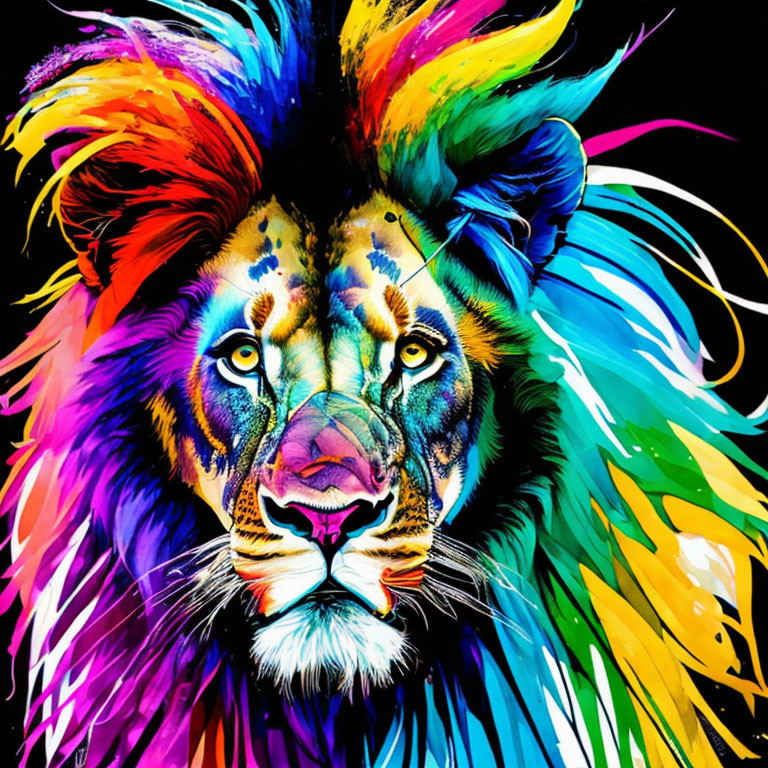 Colorful Lion with Rainbow Mane on Black Background