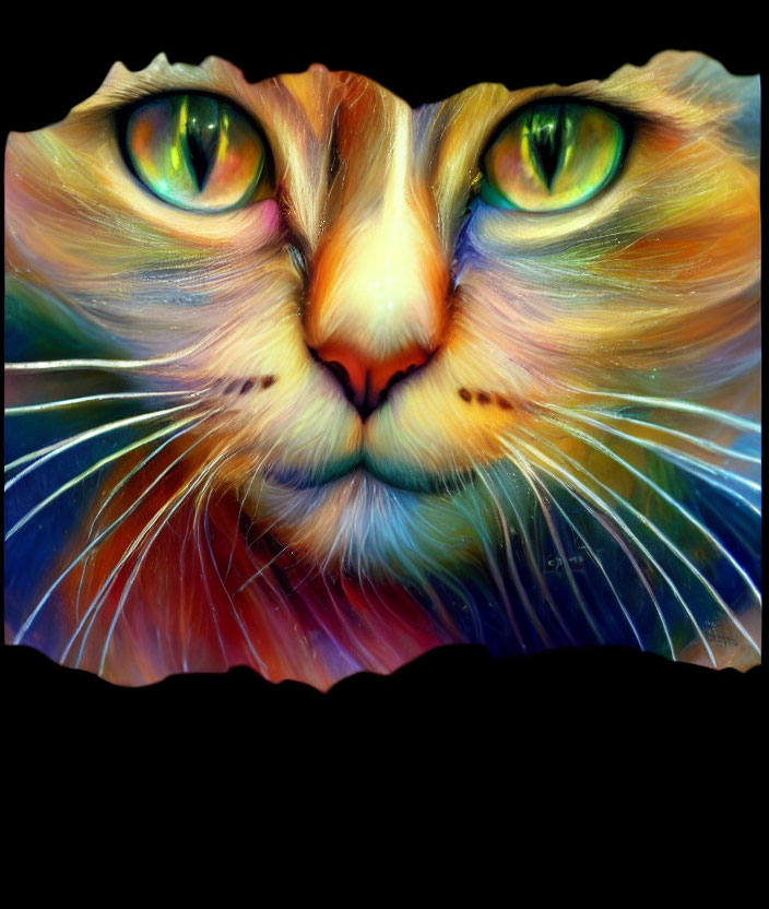 Vibrant swirling hues on a cat's face with striking green eyes