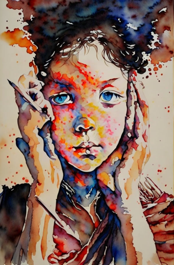 Child portrait in watercolor with contemplative gaze and vibrant red, orange, and blue splashes