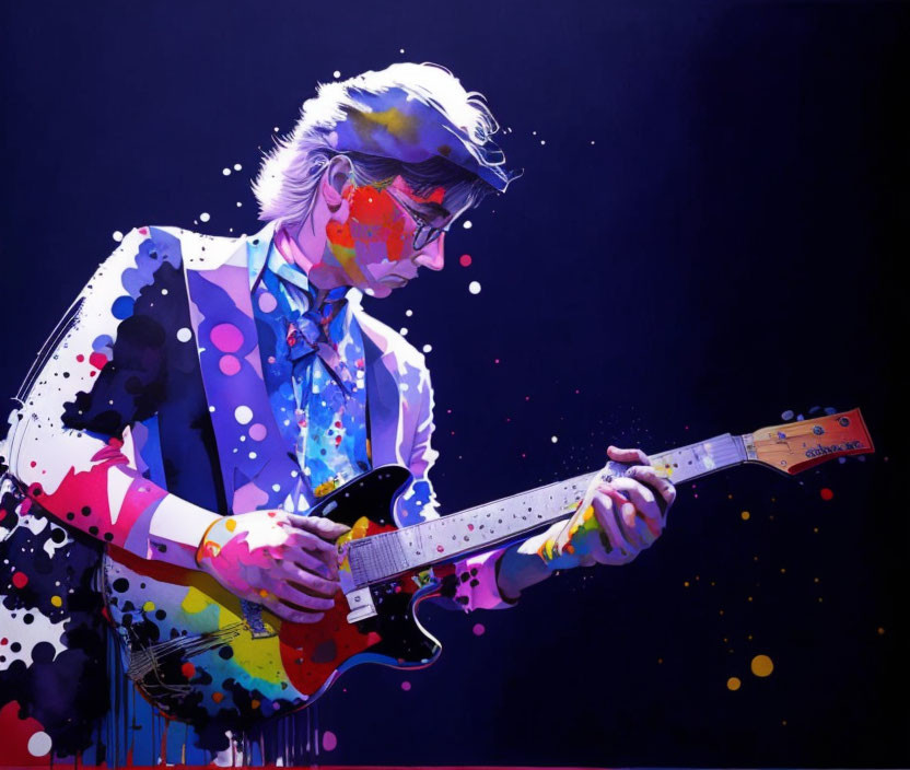 Vibrant Electric Guitar Player Illustration on Dark Background