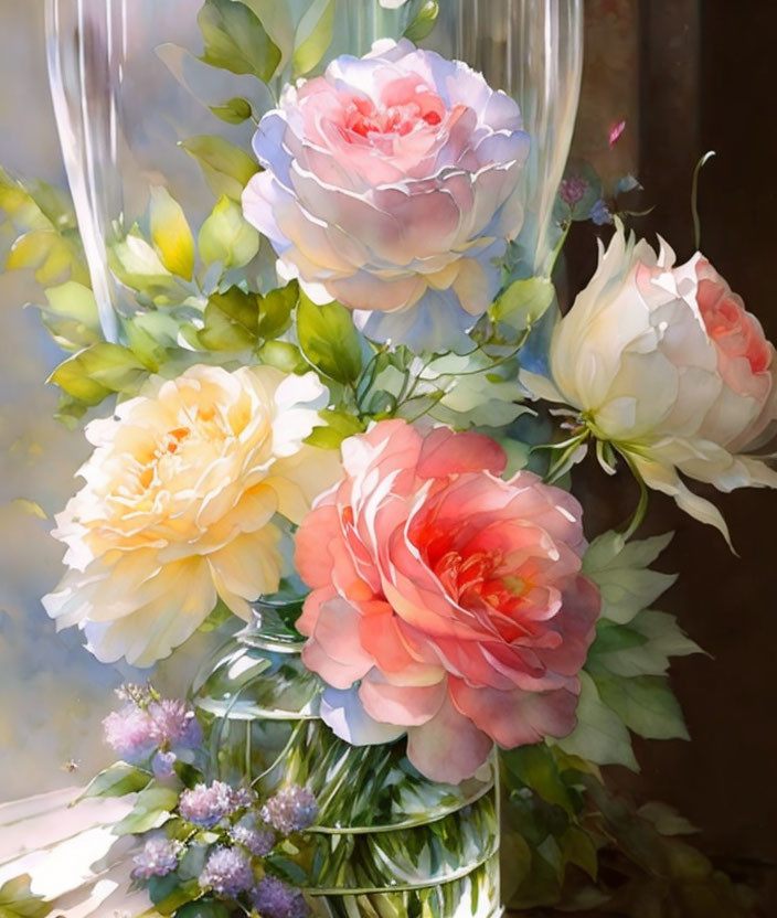 Colorful bouquet painting with pink and yellow roses in transparent vase