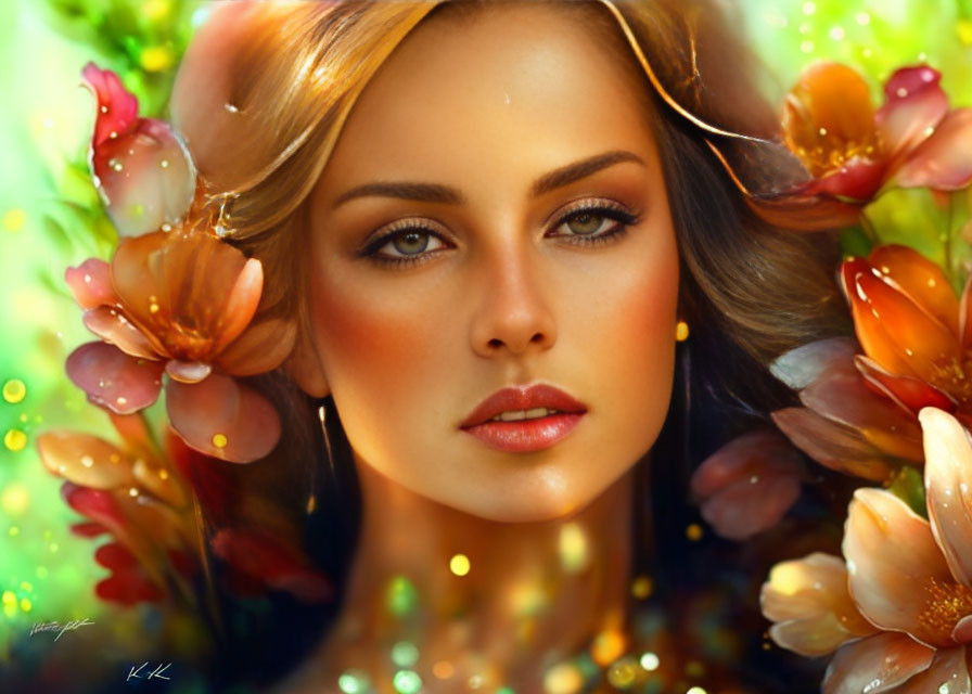 Woman portrait framed by vibrant flowers and glowing light