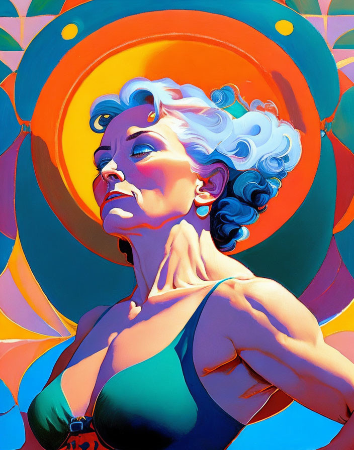 Blue-haired woman portrait against swirling backdrop.