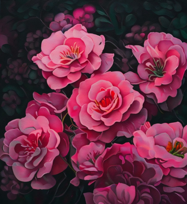 Detailed Painting of Vibrant Pink Roses and Green Leaves