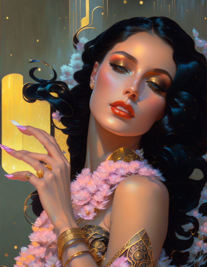 Illustrated portrait of a woman with black hair and golden accessories on twilight background.