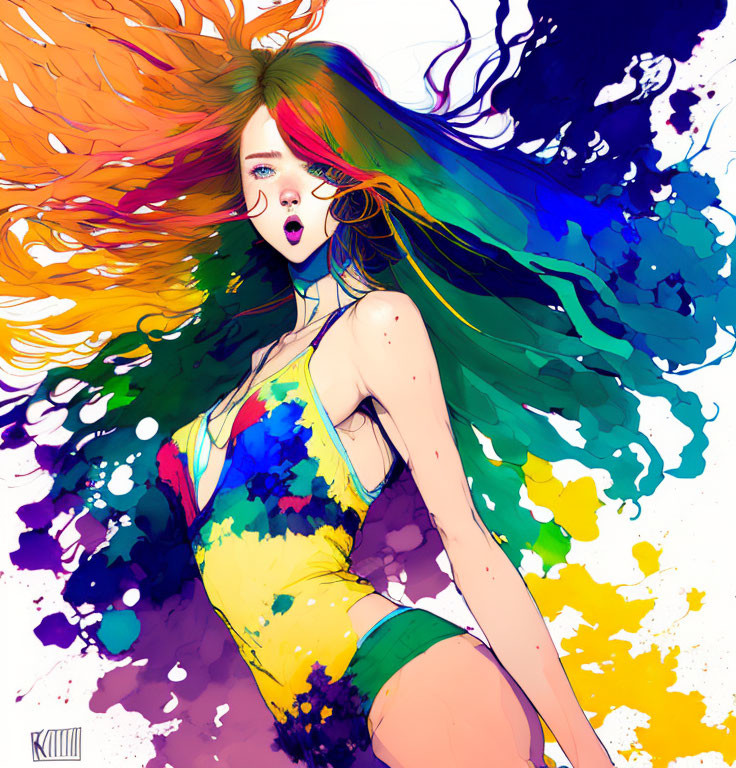 Vibrant illustration: Woman with multicolored hair and swimwear