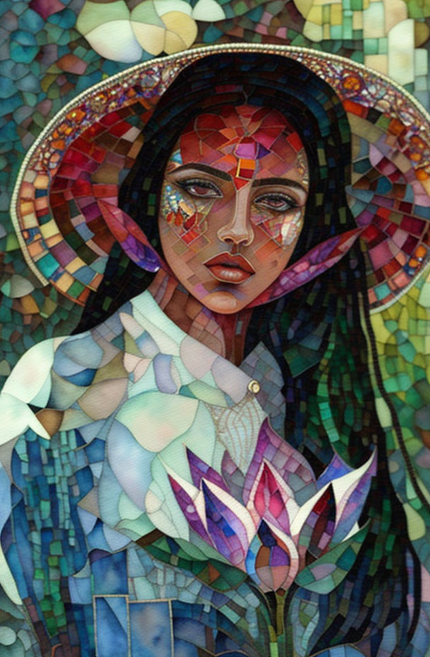 Colorful mosaic artwork of woman with geometric patterns and floral elements