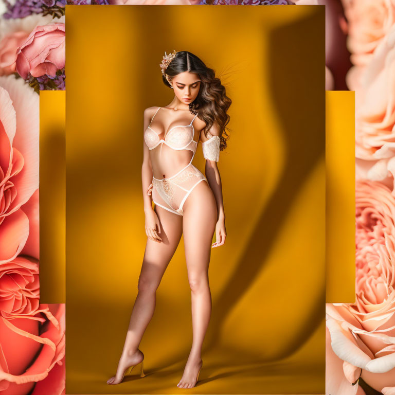 Woman modeling lingerie in front of yellow backdrop with large pastel flowers and accessories.