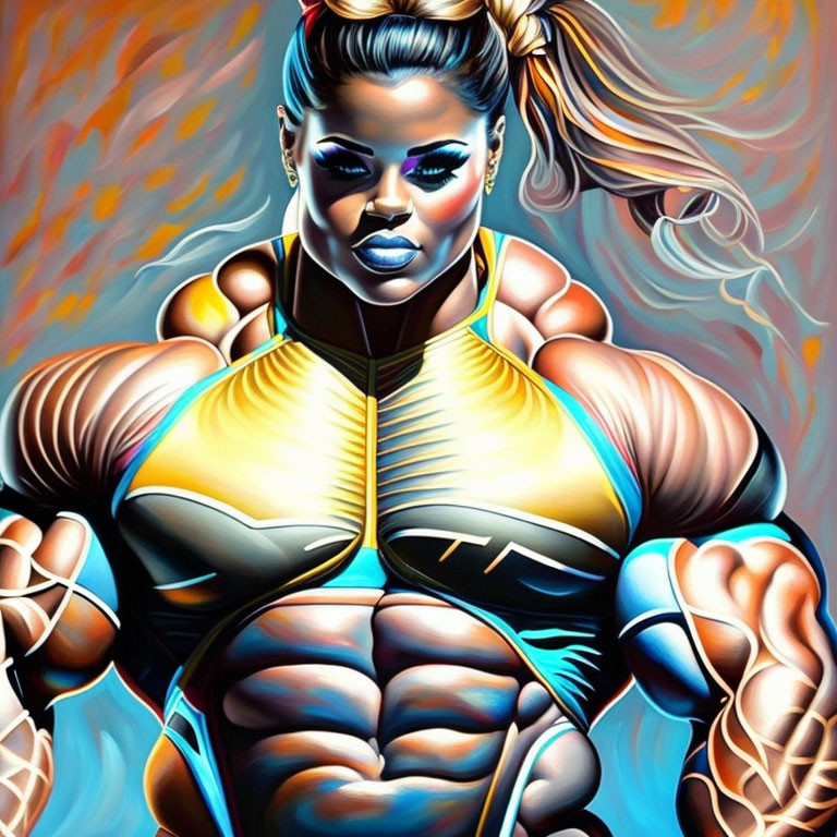 Stylized image of muscular female in athletic wear with ponytail