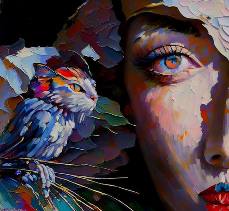 Colorful Abstract Portrait: Woman's Profile with Blue Eye and Cat-Like Creature