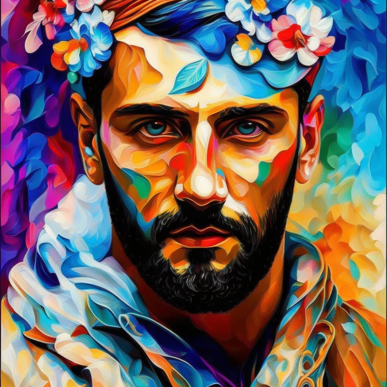 Vibrant portrait of a man with floral wreath and intense gaze