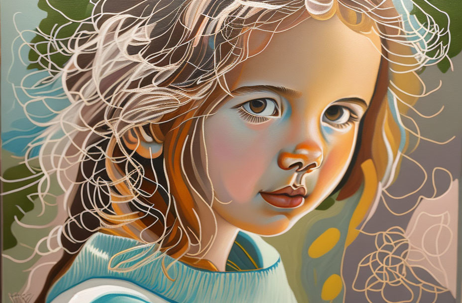 Stylized portrait of young girl with wavy hair and big eyes