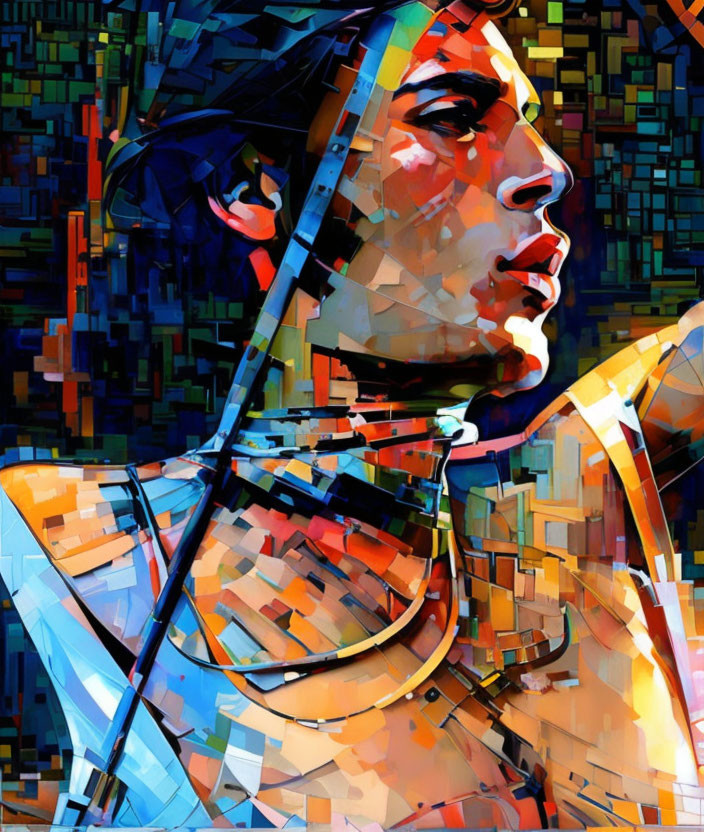 Colorful Abstract Portrait with Geometric Shapes and Brushstrokes