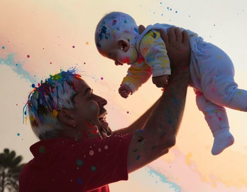 Man with painted face lifting colorful baby at sunset