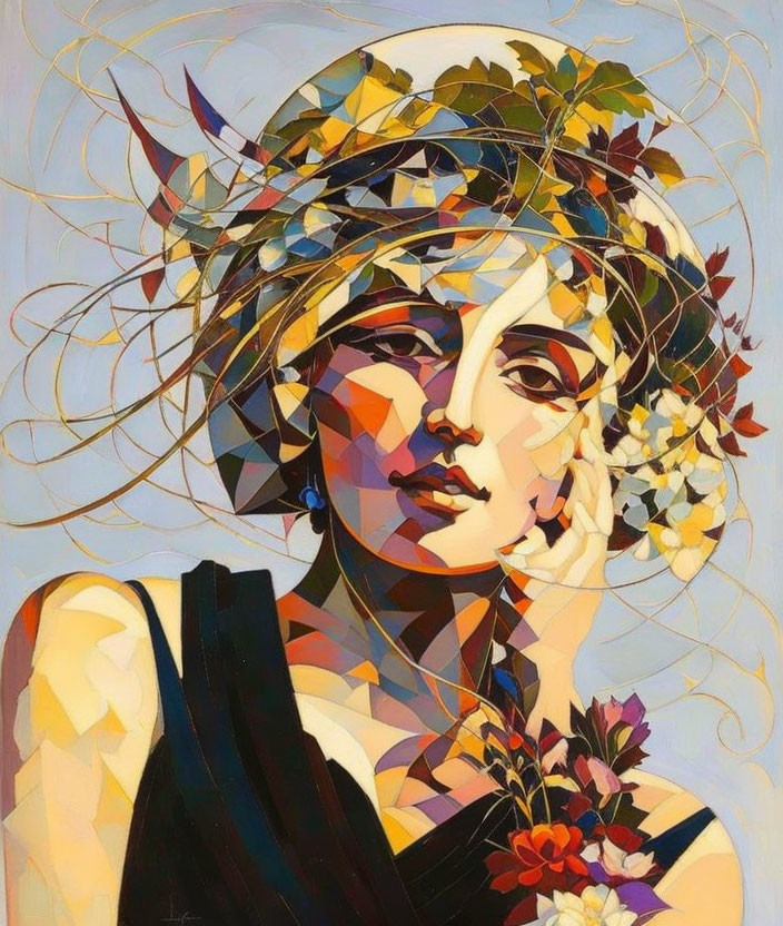 Colorful stylized painting of woman with geometric patterns and floral hair adornments.