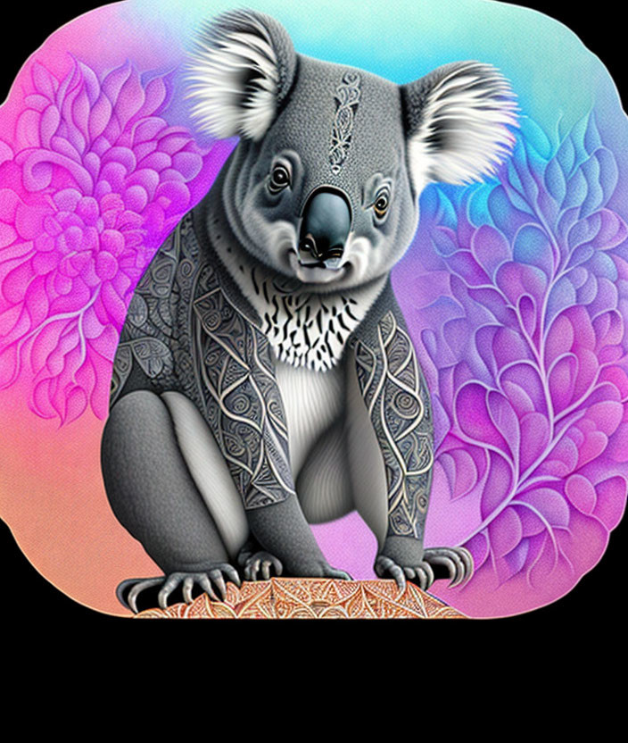 Stylized koala digital illustration on colorful floral backdrop